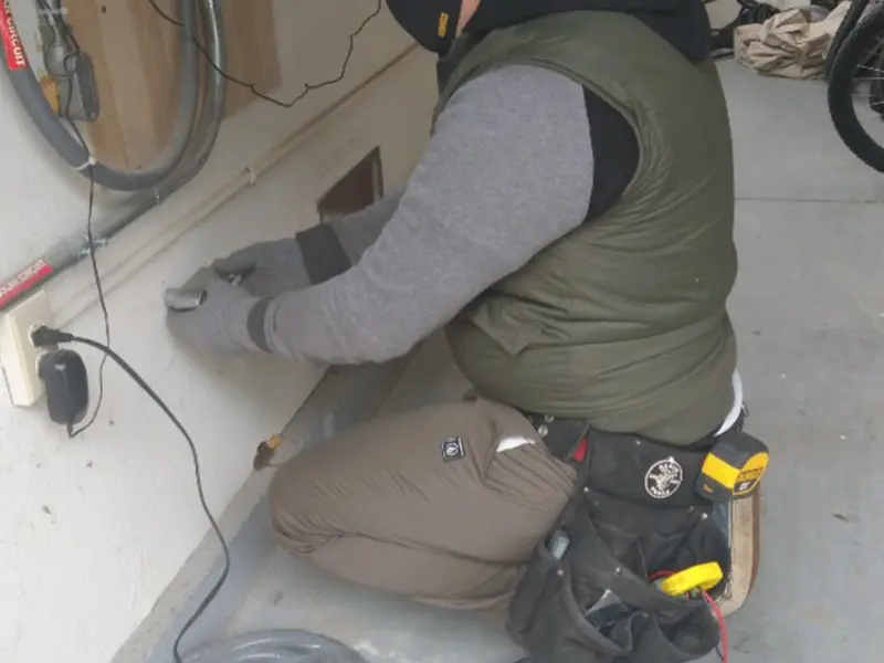 Electrician performing outlet wiring in a Etna garage